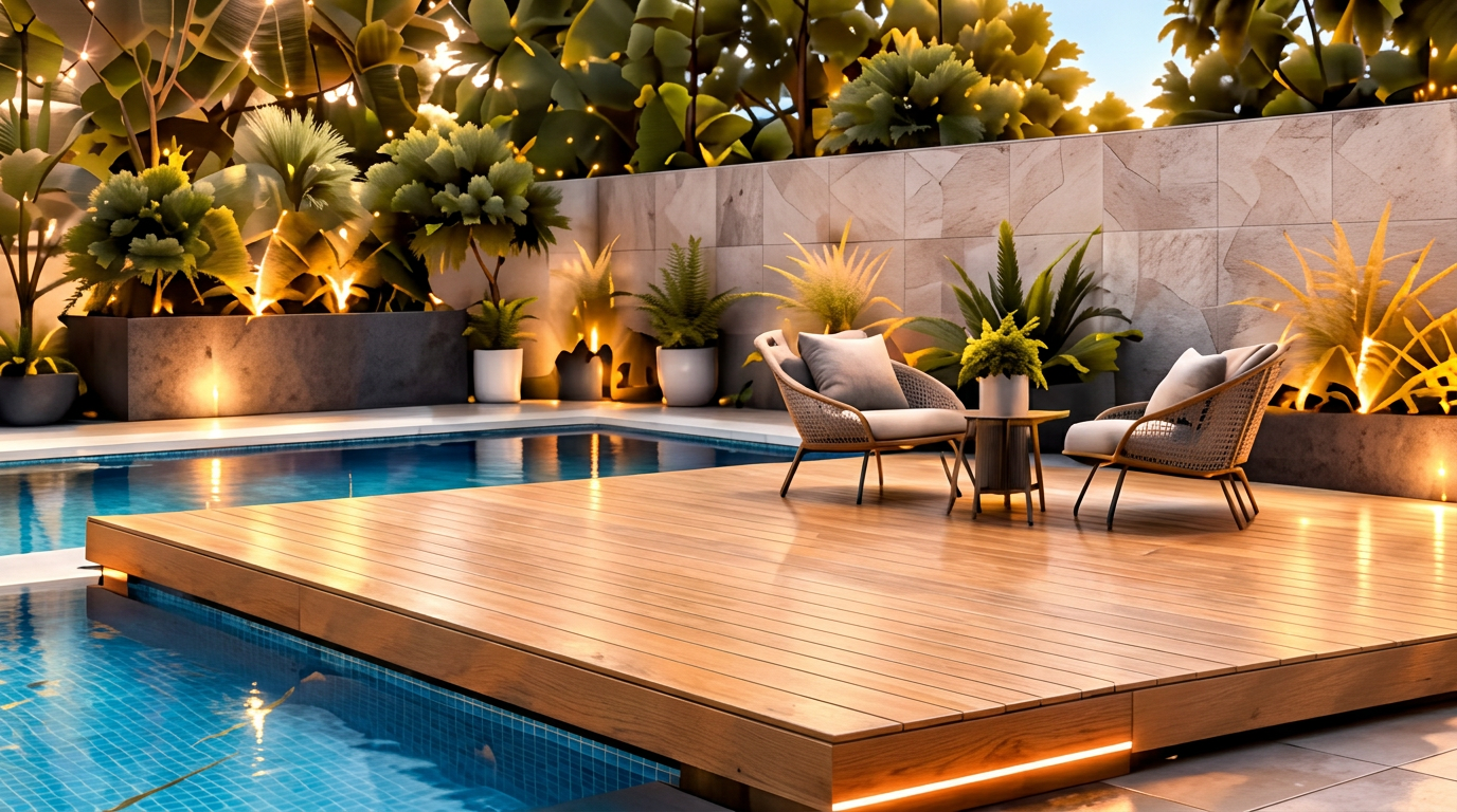 Couverture de piscine VEÏ en terrasse avec transats